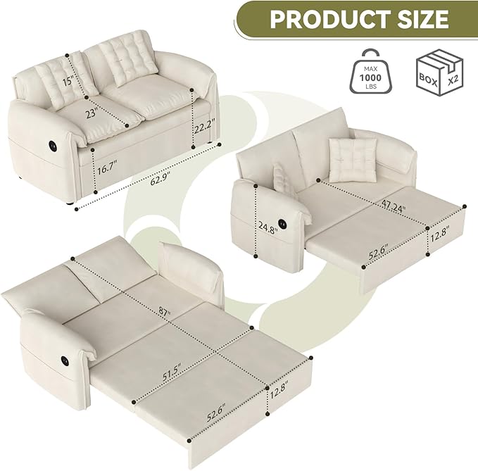 3-in-1 Sleeper Sofa Bed(87 Length)62.9 W Couch with Pull Out Bed with 6-Position Adjustable BackrestHidden Storage &amp USB for Living RoomBeige