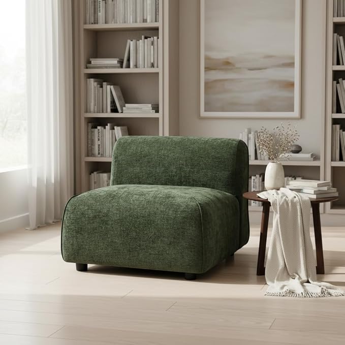 Christopher Knight Home Heca Low Profile Modern Accent Chair Upholstered Lounge Chair Indoor Curved Single Sofa Wooden Frame and Thick Cushion Space-Saving Armless Living Room Chair Green