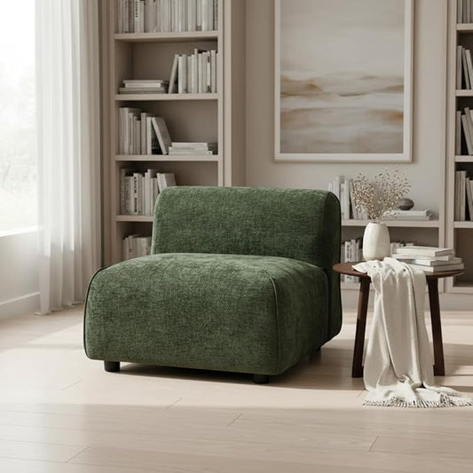 Christopher Knight Home Heca Low Profile Modern Accent Chair Upholstered Lounge Chair Indoor Curved Single Sofa Wooden Frame and Thick Cushion Space-Saving Armless Living Room Chair Green