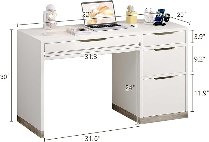 52 Inch White Desk with 4 Drawers Computer Desk with Storage for Small Spaces with Storage File Drawer Small Home Office Desk with Drawers for Bedroom