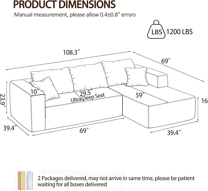 108 Modular Sectional Sofa L-Shaped Cloud Couch with Deep Seats &amp Chaise Convertible 4-in-1 Corduroy Boneless Couches for Living Room Bedroom No Need Assembly - Brown