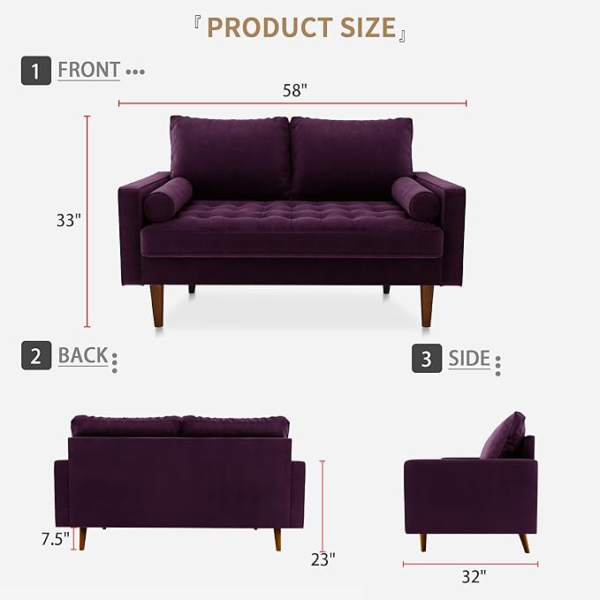SILKIR Velvet Loveseat Sofa Love Seats Furniture for Small Spaces Mid-Century Modern Loveseats for Living Room Love Seat Couch 58 Inches Eggplant