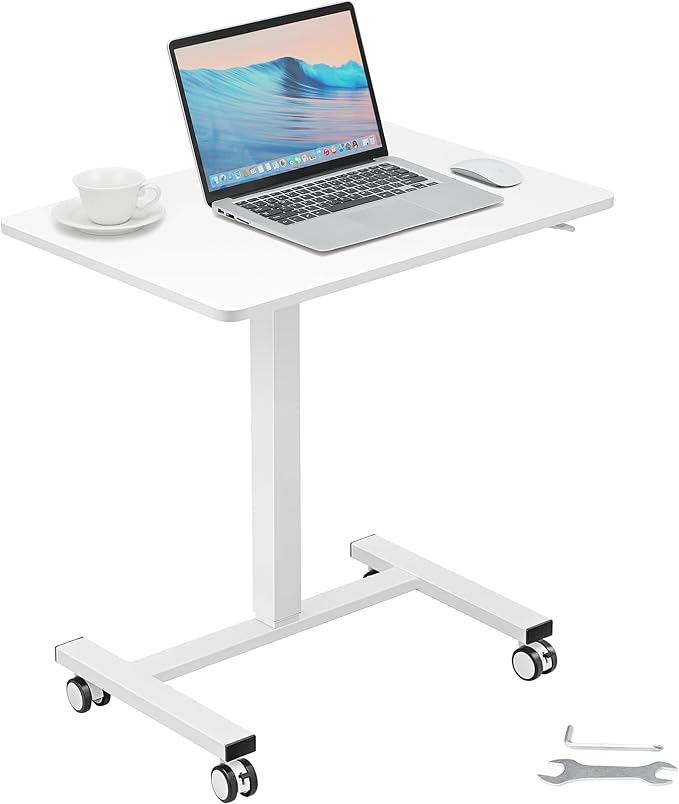 VEVOR Mobile Standing Desk 28-44 Gas-Spring Height Adjustable Sit-Stand Desk 4 360° Swivel Wheels (2 Lockable) Portable Rolling Laptop Table Computer Cart for Home Office School 40LBS Loading