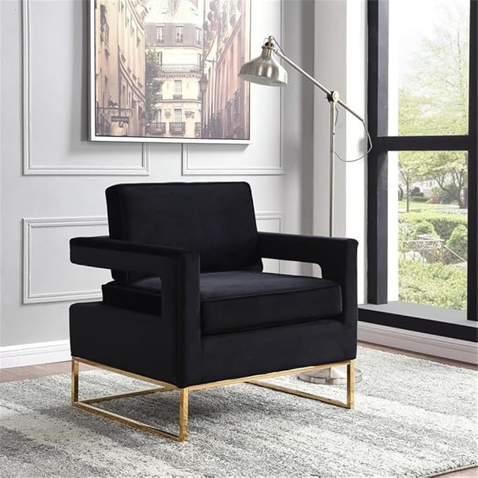Pemberly Row Modern Accent Chair 33.5 W x 29.5 D x 35.5 H Black Velvet Upholstery Gold Stainless Steel Base High-Density Foam Cushion Solid Wood Frame Contemporary Living Room Seating
