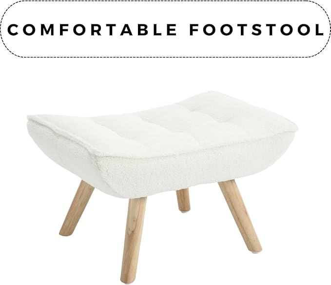 Modern Sherpa Accent Chair with Ottoman Set of 2 Fluffy Upholstered Lounge Chair with Footrest Comfy Living Room Side Boucle Armchair for Small Space Bedroom White