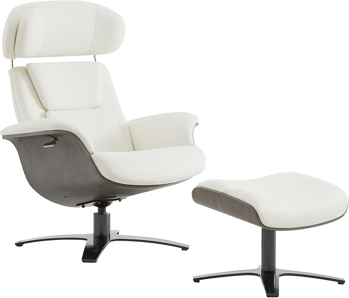 CHITA Genuine Leather Reclining Swivel Chair with Adjustable Headrest and Ottoman for Living Room White