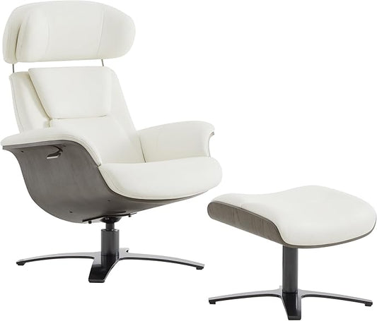 CHITA Genuine Leather Reclining Swivel Chair with Adjustable Headrest and Ottoman for Living Room White