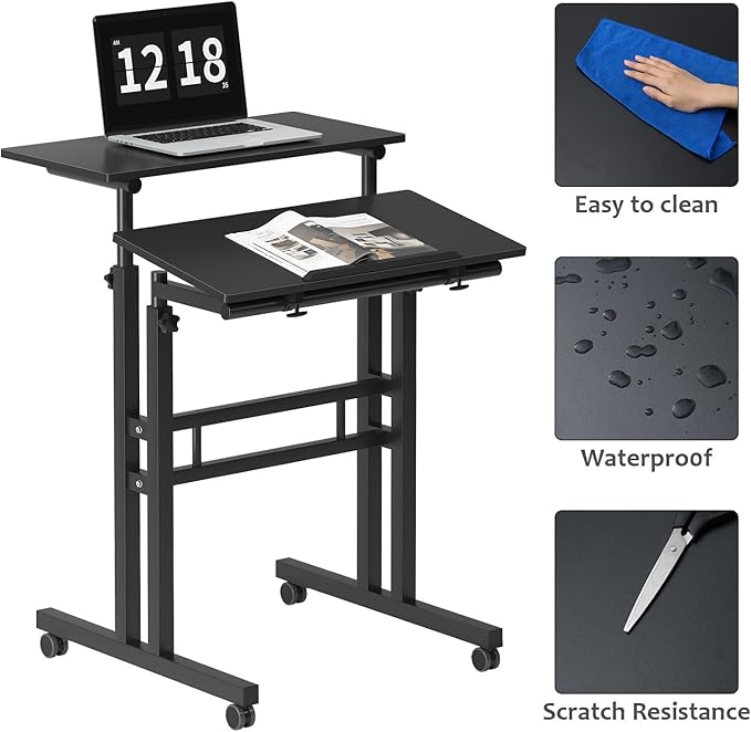 sogesfurniture Mobile Standing Computer Desk for Home Office Height Adjustable Laptop Workstation on Wheels with Keyboard Tray Small Portable Rolling Writing Table Sit to Stand Riser Black