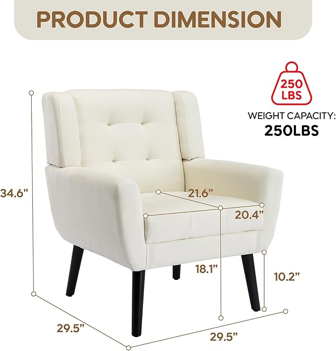 Set of 2 Linen Accent Chair Mid-Century Modern Tufted Armchair for Living Room Bedroom &amp Office (Beige)
