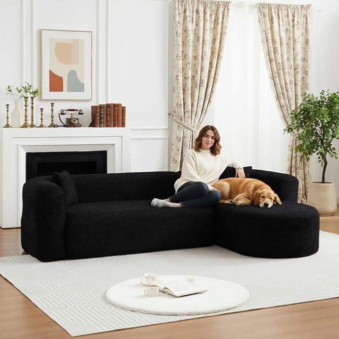 KEIKI 109.4 Curved Sectional Sofa Chenille Cloud Couch with 2 Pillows L-Shape Boneless Right Facing Sofa for Living Room Guest Bedroom Black