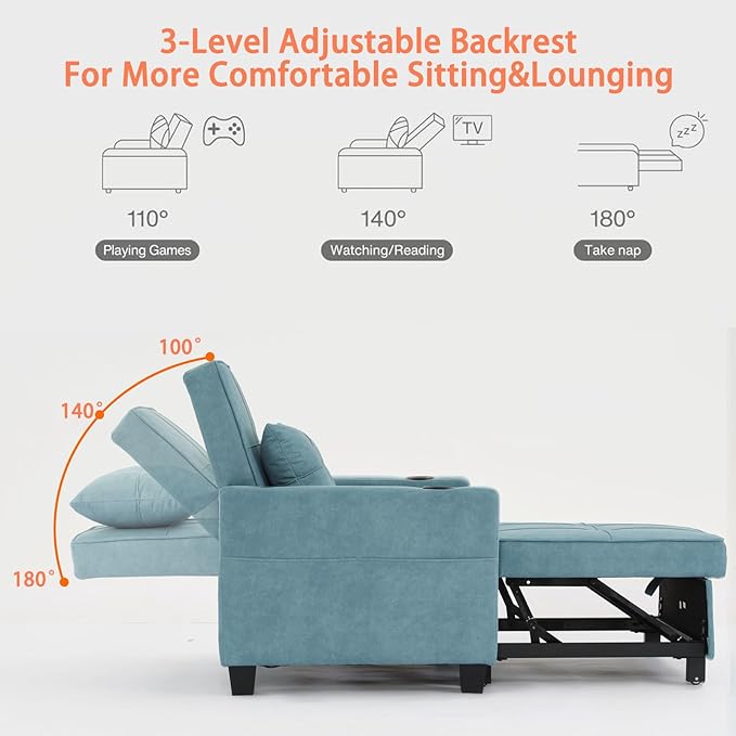 Modern Convertible Sleeper Sofa Bed 3-in-1 Adjustable Futon Couch with Storage &amp Removable Armrests for Apartment Studio Office Small Spaces (Blue)