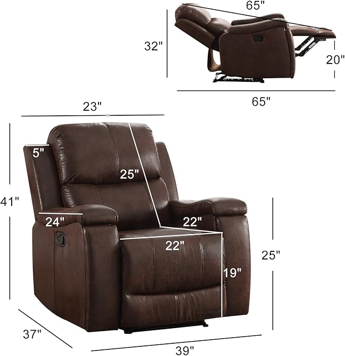 Brown Recliner Chair Single Overstuffed Sofa Recliners Breathable Faux Leather Manual Reclining Chairs with Hidden Cup Holder Arm and Back for Adults Living Room Bedroom Dark Brown