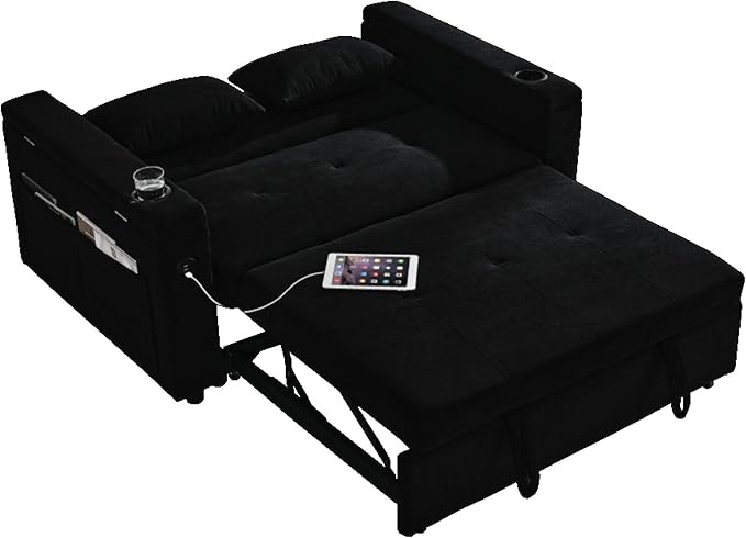 Convertible Sleeper Sofa Bed Pull-Out Recliner Couch with Adjustable Backrest Storage Armrests Side Pockets Cup Holders USB Charging Ports Chenille Loveseat for Living Room Use (Black)