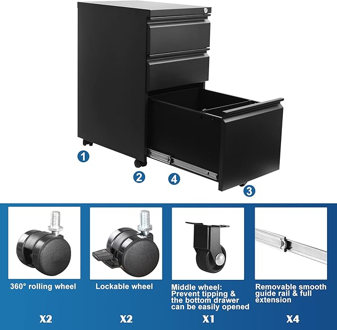 3-Drawer 15.4 W Classic File Cabinet with Lock Metal Filling Cabinets Suits Legal/Letter Size for Home Office Fully Assembled Except Wheels Grey (3-Drawer Widen Black)