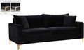 Meridian Furniture Naomi Collection Modern | Contemporary Black Velvet Upholstered Sofa with Stainless Steel Base in a Rich Gold or Chrome Finish (633Black-S)
