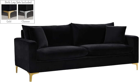Meridian Furniture Naomi Collection Modern | Contemporary Black Velvet Upholstered Sofa with Stainless Steel Base in a Rich Gold or Chrome Finish (633Black-S)