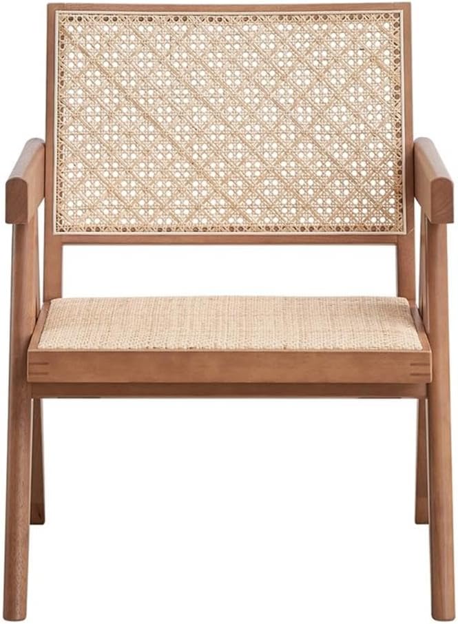 Pemberly Row Rattan &amp Wood Accent Chair Natural Finish 32H x 24W x 26D Square Arms Woven Rattan Seat &amp Backrest Rustic Coastal Style Durable Wooden Frame Living Room or Family Room S