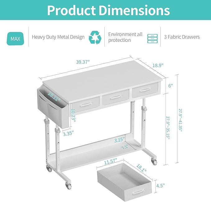 White Portable Rolling Computer Desk - 40 Inch Adjustable Mobile Standing Teacher Desks with 3 Fabric Drawers on Wheels Couch Sofa Side Laptop Stand Up Table with Storage for Home Office White