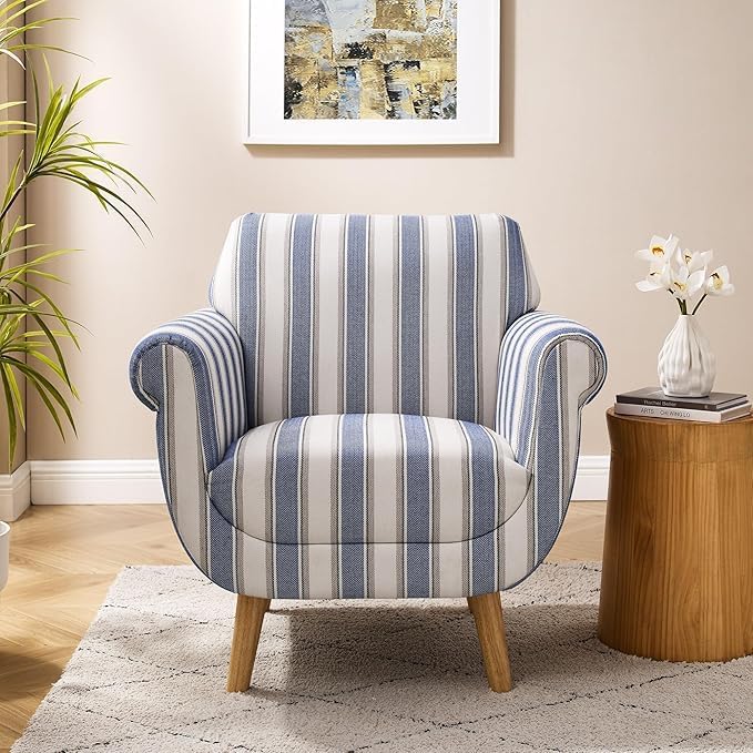VANOMi Mid-Century Accent Chair with Stripe Pattern Modern Linen Fabric Armchair with Wood Legs Club Chair for Living Room Comfy Upholstered Side Chairs for Bedroom Reading Small Place (Navy)