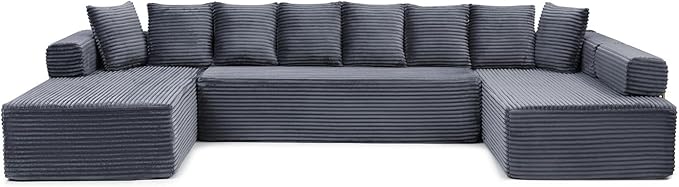 145 Oversized Cloud Boneless Sectional Sofa with Chaise Corduroy U Shaped Modular Couch with Deep Seat Fixed Frame Comfy Corner Sofa No Assembly Required (Grey)