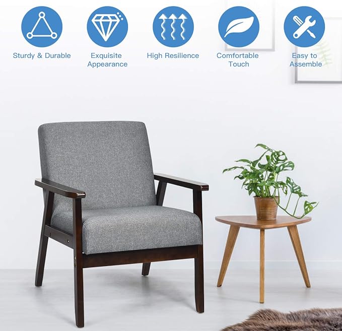 Giantex Set of 2 Mid-Century Modern Accent Chair Retro Fabric Armchair Solid Hardwood Made Upholstered Linen Lounge Arm Chair for Living Room (Dark Grey)