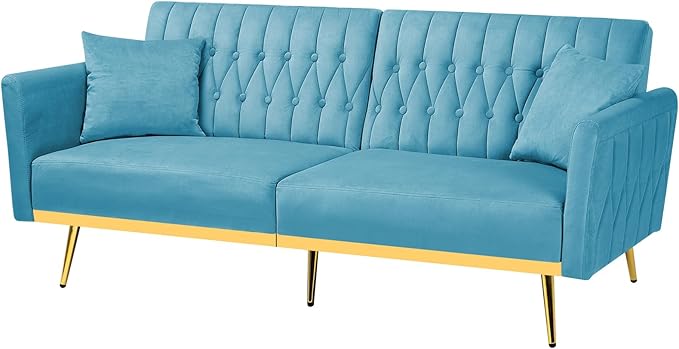 70” Velvet Futon Sofa Bed with 2 Pillows and Adjustable Armrests Convertible Sleeper Bed W/Adjustable Backrests Modern Loveseat for Living Room Bedroom Baby Blue