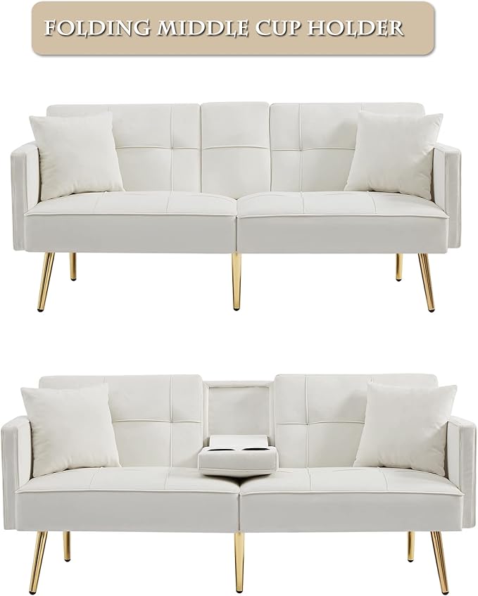 Velvet Futon Sofa Bed with Cup HolderVelvet Small Loveseat Sleeper Bed Modern Folding Sleeper Couch with 2 Pillows and 6 Gold Metal Legs for Living Room. (Off-White)