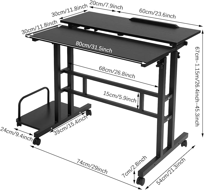 Adjustable Height Foldable Desk 26.4-45.3in Standing/Sitting Desk with 6 Lockable Wheels 44lbs Load Capacity for Home Office Dorm Bedroom (Black)