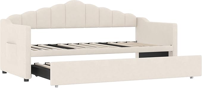 Bellemave Upholstered Twin Daybed with Pop Up Trundle USB &amp Type-C Charging Ports 2 Side Pockets No Box Spring Needed Velvet Modern Day Bed Frame (Beige)