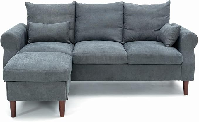 Panana Sectional Sofa Modern Deep 3-Seat Sofa Couch with Ottoman Upholstered Furniture for Living Room Apartment Studio Office (Grey Linen Rolled Arms)