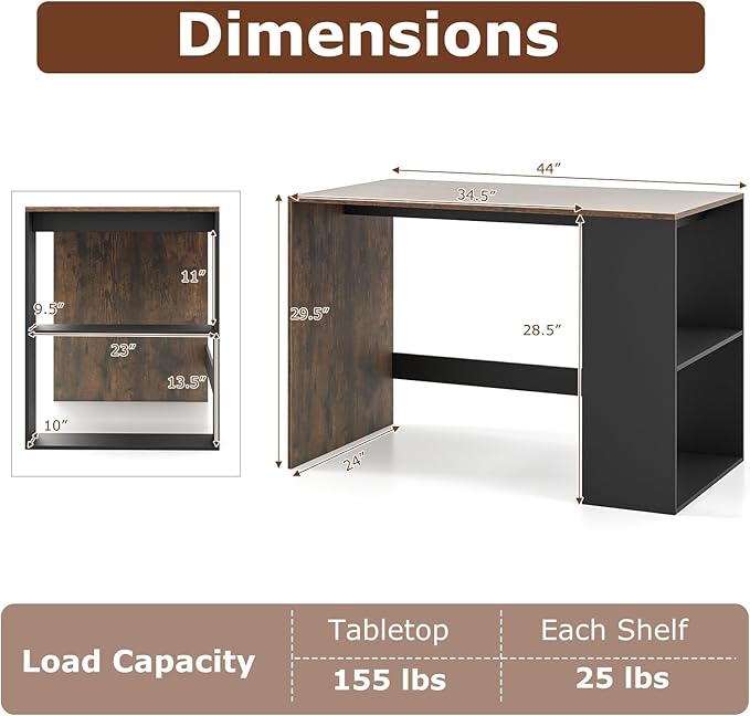 Giantex Small Desk with Bookshelf 44 Inch Modern Computer Desk for Small Spaces Laptop PC Desk Vanity Table for Bedroom Study Writing Desk for Home Office (Black+Rustic Brown)