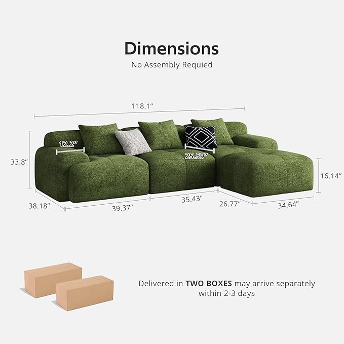Modern L-Shaped Modular Sectional Sofa for Living RoomOversized 3-Seater Couch with Deep Seat and Movable Ottoman – No AssemblyComfortable Suede Fabric Boneless Sofa (Dark Green)