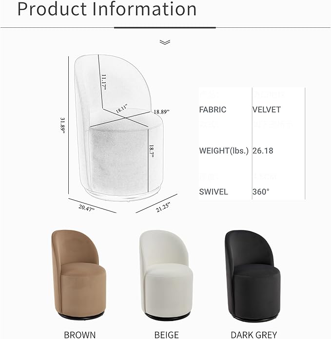KEIKI Upholstered Swivel Barrel Chair Mid-Century Modern Velvet Accent Armchair for Living Room Bedroom or Vanity 360° Rotating Sofa Chair Brown