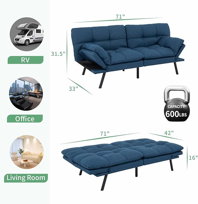 MUUEGM 71 Futon Sofa Bed Convertible Couch Bed Modern Loveseat with Adjustable Backrest&ampArmrest Sofas for Living RoomGame RoomDormitoryOffice.Blue Fabric
