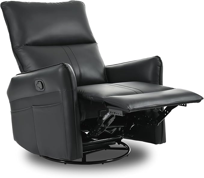 cinkehome Overstuffed Swivel Glider Recliner Manual Swivel Rocking Recliner Faux Leather Rocker Recliner Chair Side Pockets Black