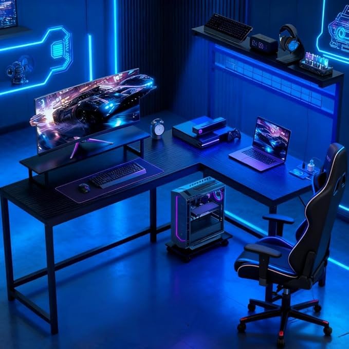 61.6'' L Shaped Gaming Desk with Power Outlets &amp LED Lights Reversible Computer Table with Monitor Stand and CPU Shelf Cornor Office Table PC Desk for Writing Study (Black)
