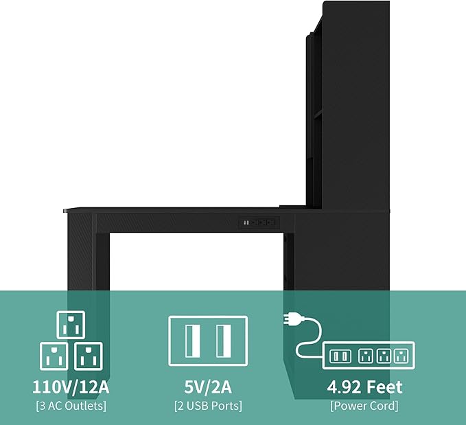 Black L-Shaped Home Office Desk with Hutch &amp Drawers Modern Corner Desk with LED Light &amp Bookshelf Wood Study Writing Table Gaming Computer Desk for Bedroom Home
