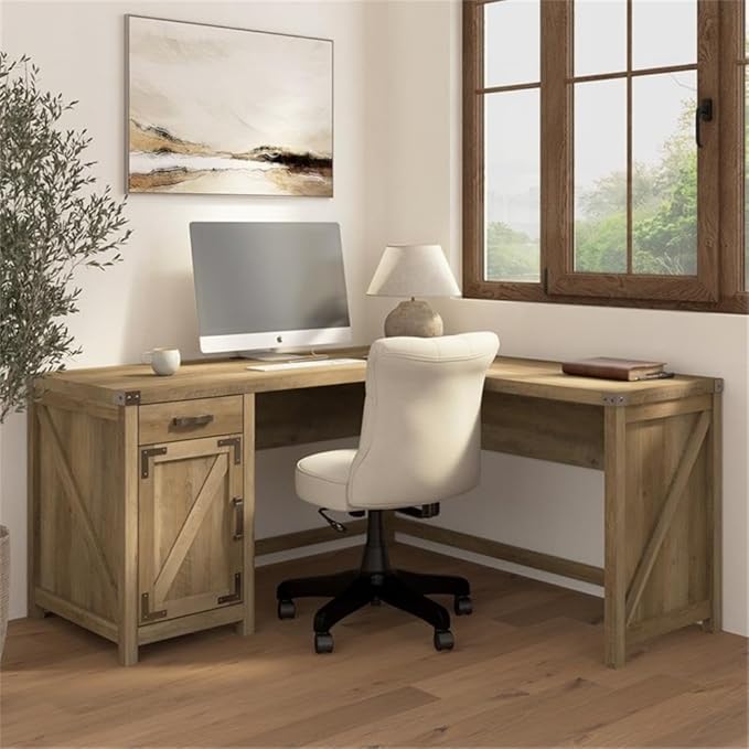 Bush Furniture Knoxville 60W L Shaped Desk with Drawer and Storage Cabinet in Reclaimed Pine Corner Computer Table for Home Office