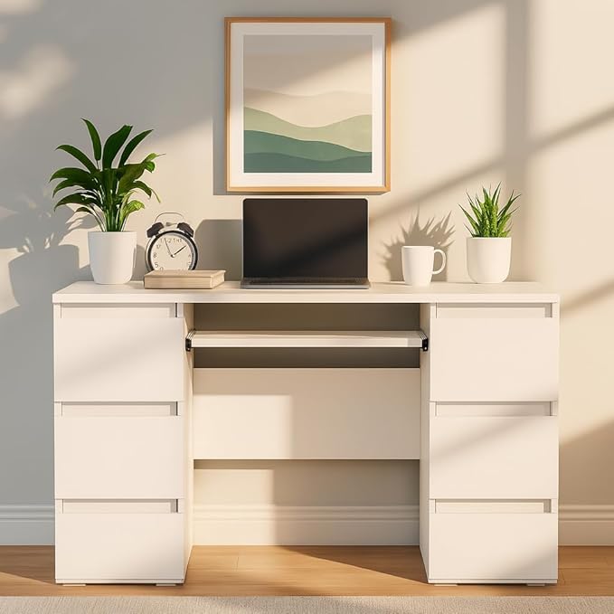 47'' Computer Desk with 6 Drawers and Keyboard Shelf Modern Wood Writing Desk with Storage for Home Office Bedroom Gaming Study or Vanity Table (White)