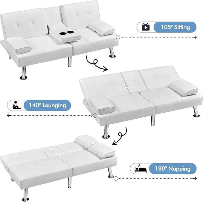 Convertible Folding Futon Sofa Bed Sleeper Couch for Living Room Modern Faux Leather Upholstered Loveseat w/Removable Armrests Metal Legs 2 CupHolders Love Seat Sofa Bed for Small Spaces (White)