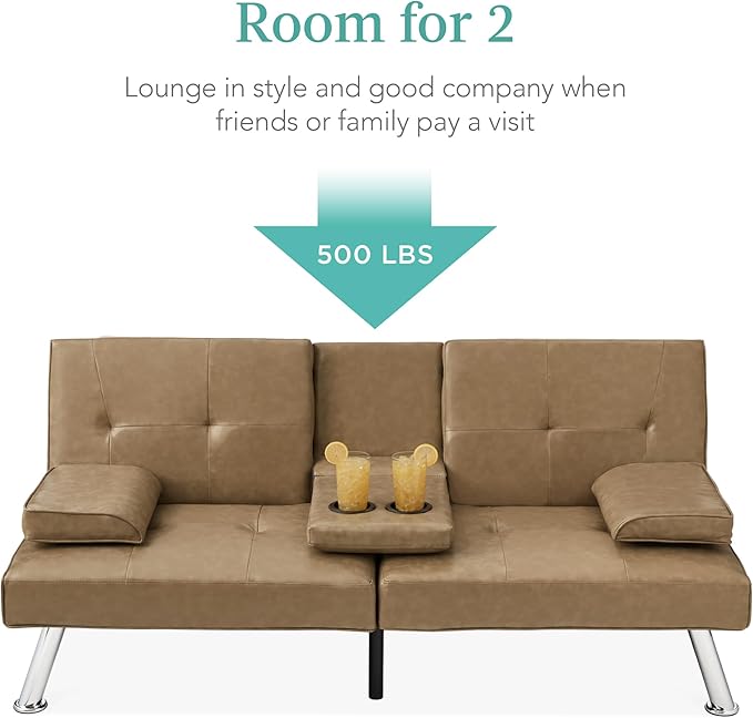 Best Choice Products Faux Leather Upholstered Modern Convertible Futon Adjustable Folding Sofa Bed Guest Bed w/Removable Armrests - Taupe