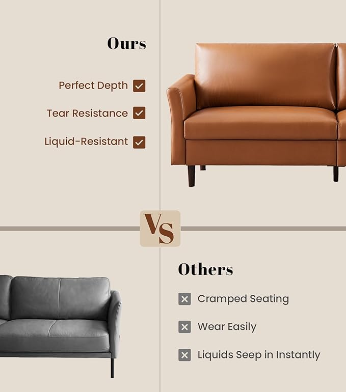 Kingfun Faux Leather 3 Seat Couch for Living Room Mid Century Modern Sofa with Rolled Arms and Deep Seats Fluffy Comfort for Apartment Easy to Assemble Mid Brown