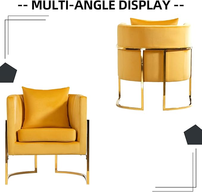 X-VOLSPORT Velvet Accent Chairs Set of 2 Contemporary Barrel Armchairs Living Room Bedroom Club Chair Set with Pillow Channel Tufted Gold Finish Base Yellow