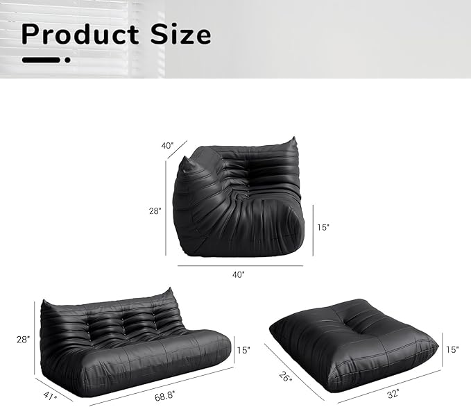 Comfy Lazy Floor Sofa CouchSoft Armless ChairFaux Leather Lounge ChairCorner Relax Sofa Couch for Living Room BedroomSalon OfficeAdults（Black+ Corner
