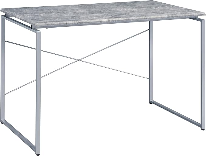 Industrial Style Writing Desk with Faux Concrete Top Spacious Wooden Work Surface Modern Metal Sled Base for Home Office Study - Grey &amp Silver