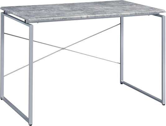 Grey and Silver Writing Work Study Desk with Metal Sled Base Rectangle Wooden Top for Home Office Industrial Style