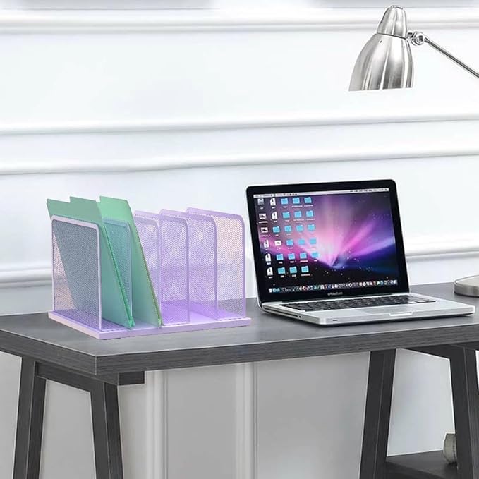 Kuntine.B Desk File Organizer Upright Mesh Desktop Organizer File Sorter Office Organization File Holder for Home Office &amp Classroom (Purple 1 Pack 5-Section)