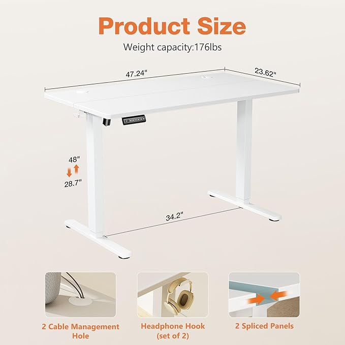 Sweetcrispy Electric Standing Desk Adjustable Height 48x24 Inch Sit Stand Up Home Office Desks Computer Workstation PC Work Table with 3 Memory Preset Splice Wood Board Metal Frame White