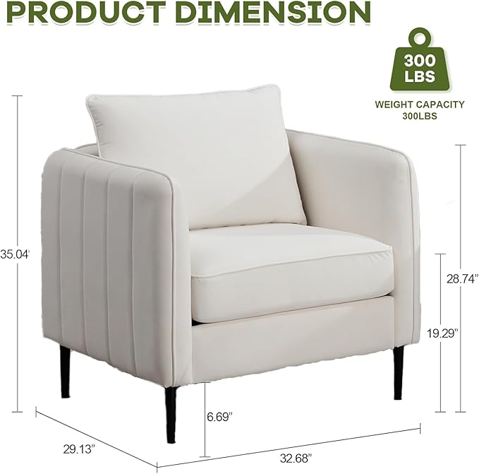 Lvory Accent Chair for Living Room Modern Upholstered Accent Chair Comfy Velvet Armchair with Thick Cushion Single Sofa Arm Chairs for Bedroom Office Reading RoomClub (Lvory)