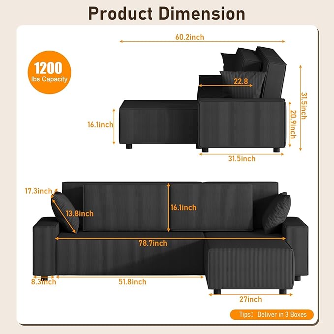 GAOMON Fine Stripe Corduroy Sectional Sofa l Shaped Modern Corduroy Couch Comfy Sofa Couch with Deep Chaise for Living Room Apartment Hotel 96 w*61 d*32 h Black